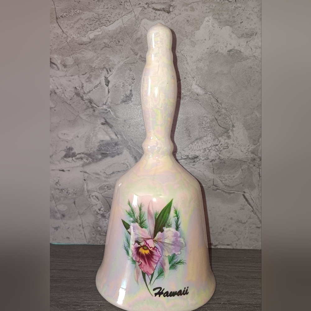 Vintage Iridescent Porcelain Hawaii Bell with Purple Orchid Flowers